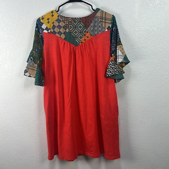 Umgee Orange/Red and Multi Color Flutter Sleeve Tunic/Dress sz L Bohemian Boho - Picture 8 of 10